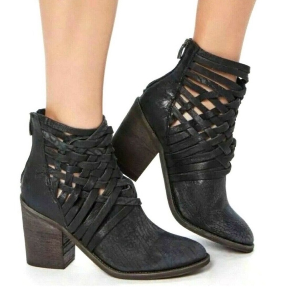 Free People CARRERA Woven Textured Leather Booties Stacked Heel Size 39